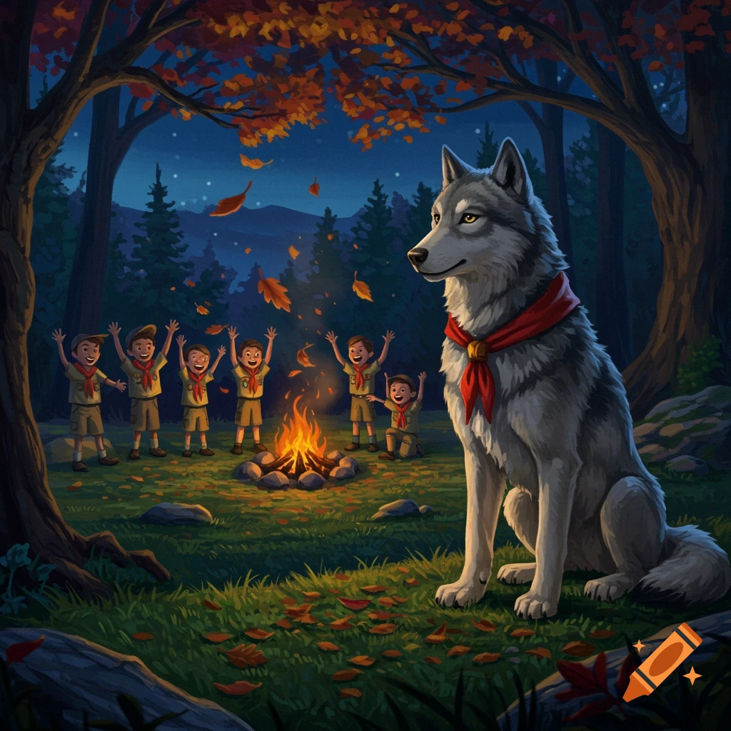 Cartoon illustration of young scouts cheering around a campfire at night with a large, friendly gray wolf wearing a red neckerchief sitting beside them.