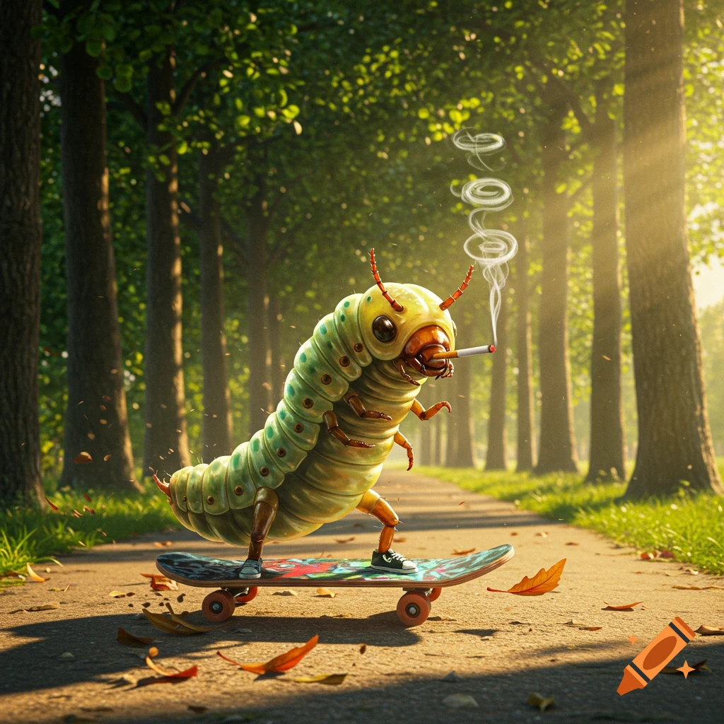A whimsical caterpillar-like creature with insect legs smokes a cigarette while riding a skateboard down a tree-lined path in a sunny park.