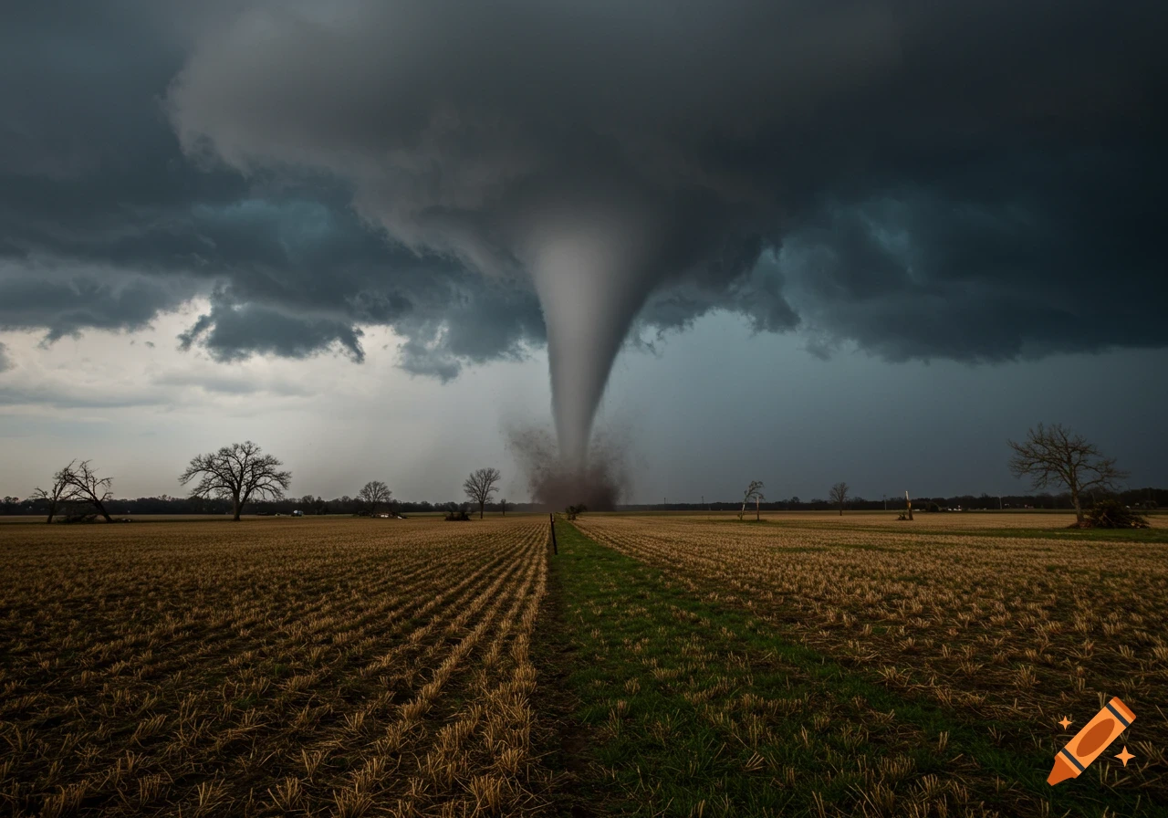 A powerful tornado swirling under a dark, stormy sky over a rural field with scattered trees.