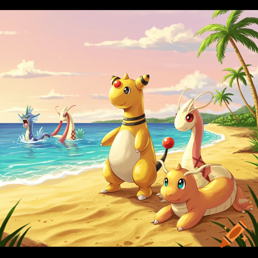 Ampharos and Dragonite on a sandy beach, with Milotic and Gyarados swimming in the ocean at sunset.