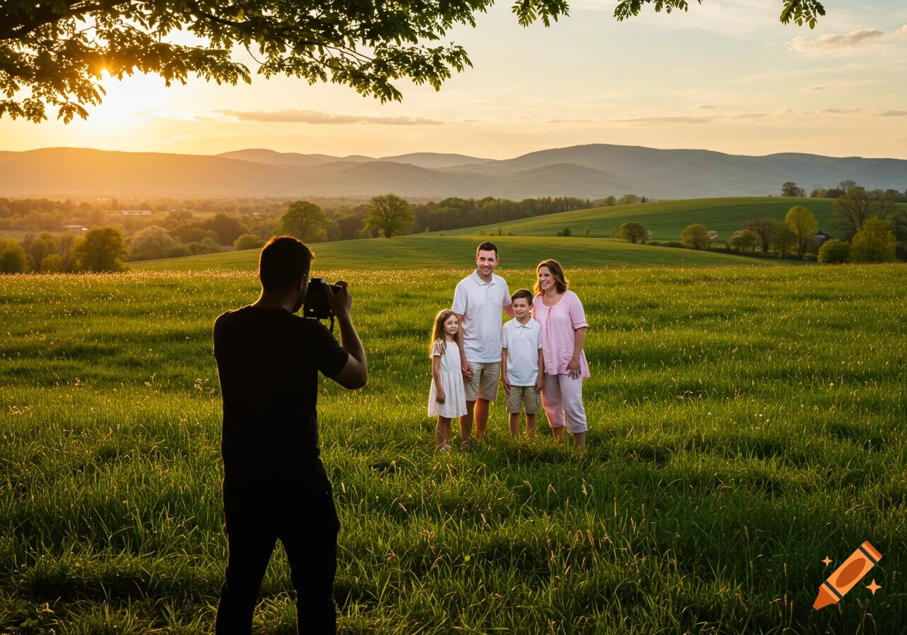 A photographer takes a picture of a family of four in a grassy field at sunset with mountains in the background.