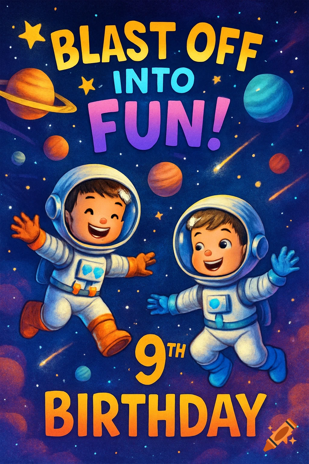 Vibrant illustration of two cartoon boys in astronaut suits floating in space with planets, stars, and text 'BLAST OFF INTO FUN! 9TH BIRTHDAY'.