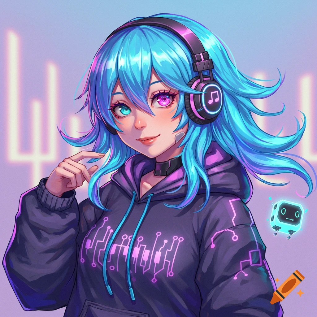 Anime girl with blue hair, multicolored eyes, and a futuristic circuit-patterned hoodie, wearing headphones, with a small floating AI orb, on a pastel neon background.
