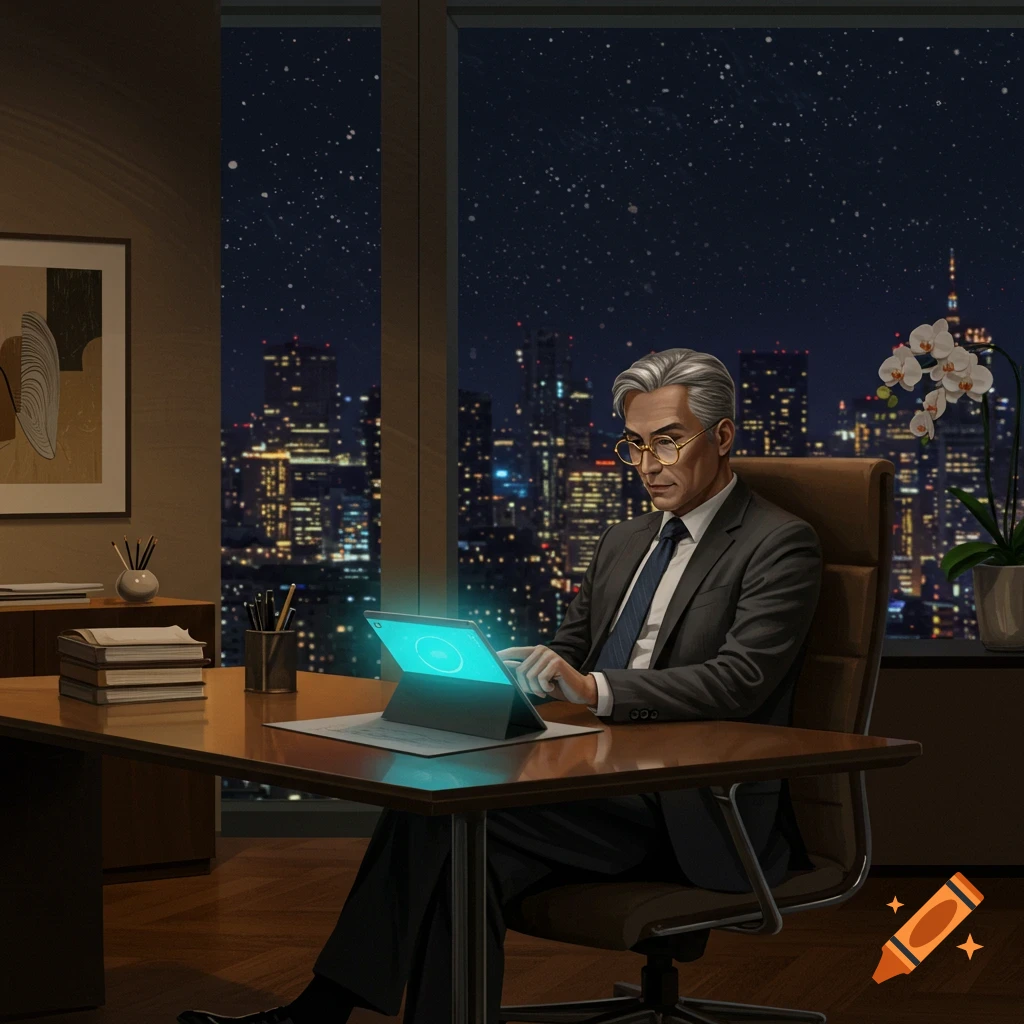 A man with gray hair and glasses in a suit works on a glowing tablet at an office desk with a cityscape at night outside a large window.