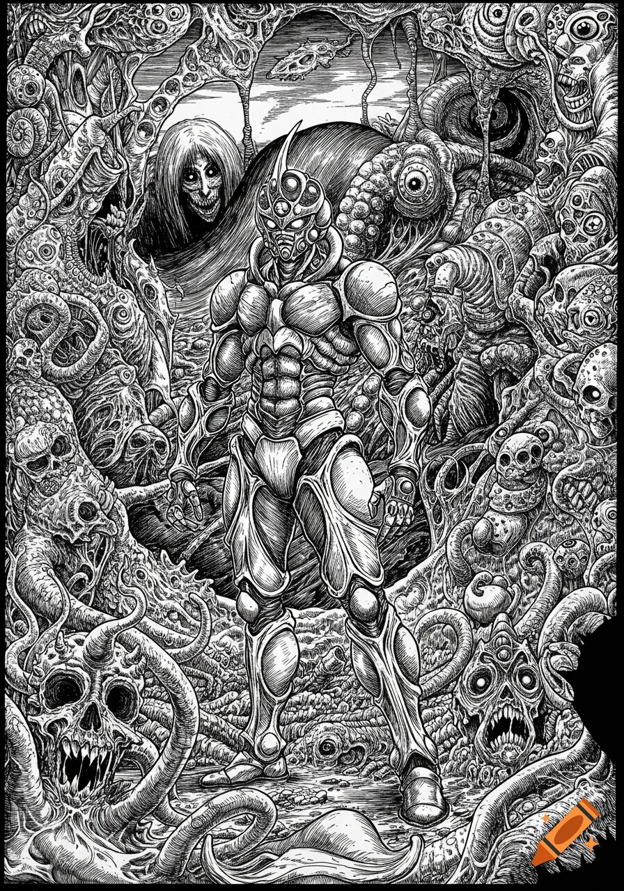 Guyver in a grotesque, Junji Ito-inspired horror landscape filled with skulls, tentacles, and monstrous figures, detailed ink drawing.