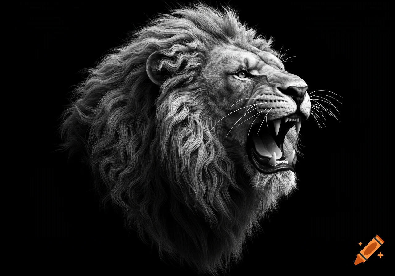 Detailed black and white image of a roaring lion's head, facing right with mouth open.