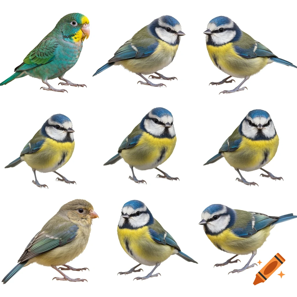 A grid of nine birds on a white background, including a green parrot, multiple blue tits, and a greenfinch.
