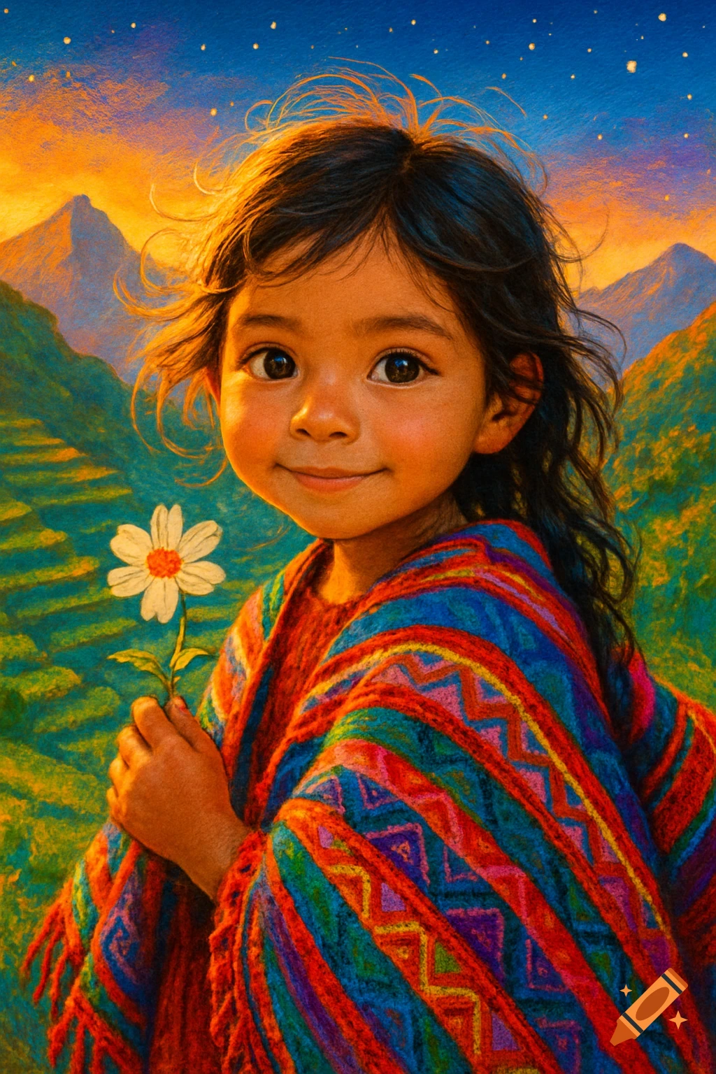 A smiling young girl in a colorful poncho holds a white flower, standing in a vibrant mountainous landscape with a starry sky.