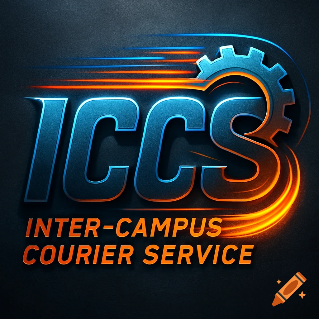 Modern blue and orange logo for "ICCS: Inter-Campus Courier Service" with a gear integrated into the 'C' and speed lines.