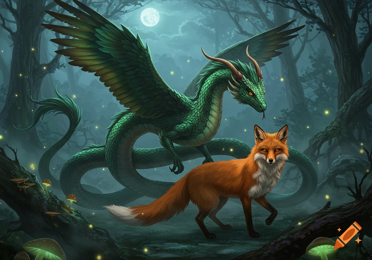 A green winged dragon and an orange fox stand in a mystical, moonlit forest with glowing mushrooms and fireflies.