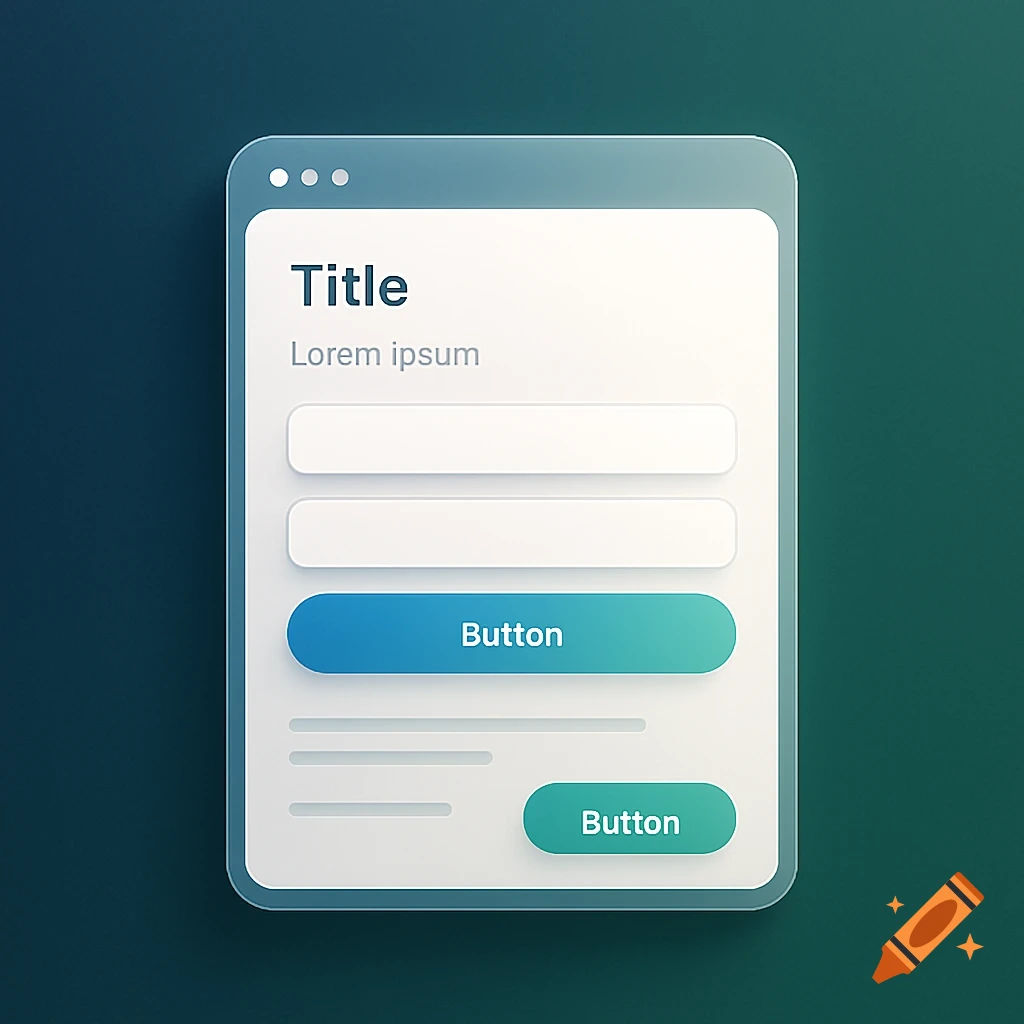 A modern UI card with 'Title', 'Lorem ipsum', input fields, and two gradient 'Button' elements, on a dark green background.
