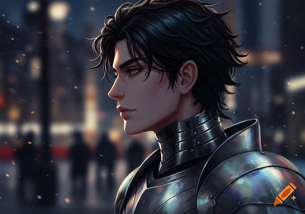 Anime-style profile of a dark-haired man in metallic armor against a blurry, snowy city background.