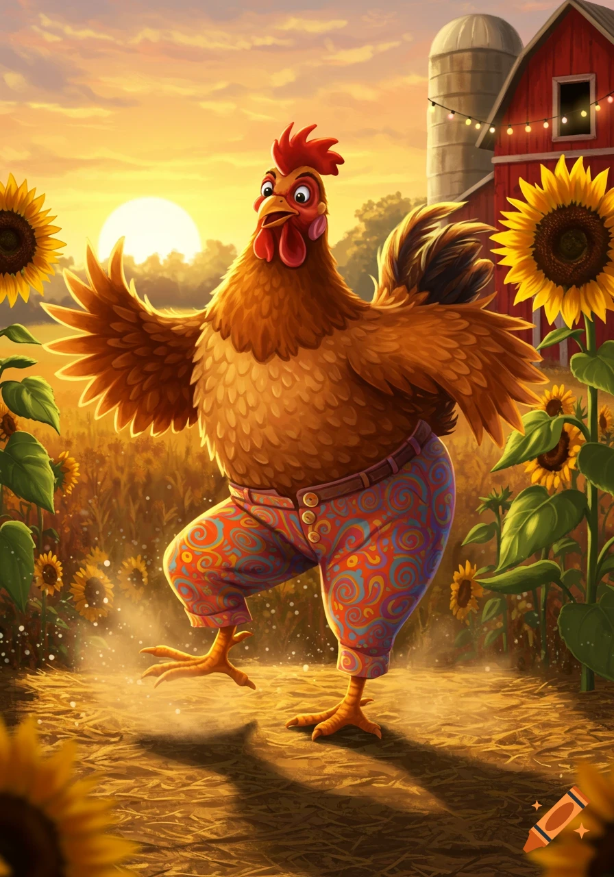 A cartoon chicken wearing patterned pants dances happily in a sunflower field at sunset, with a barn in the background.