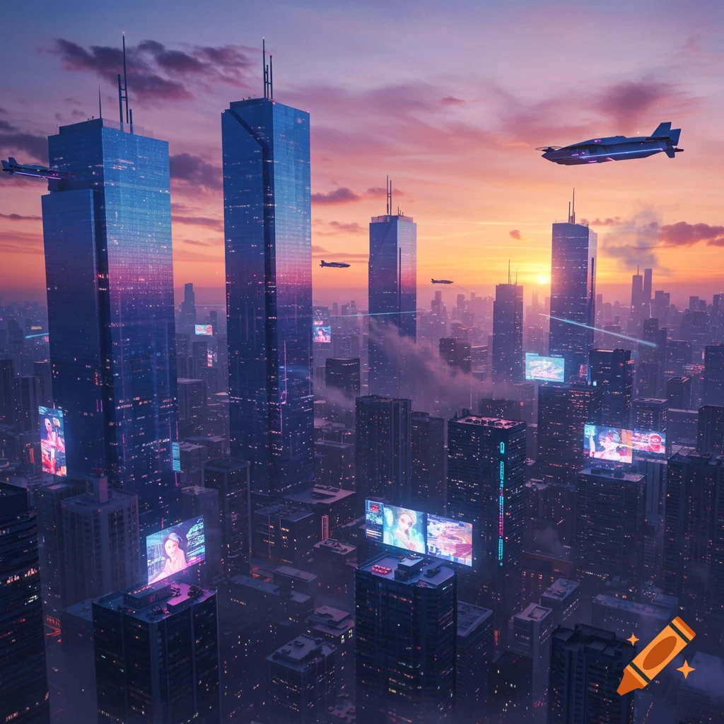 Futuristic city skyline at sunset with tall glowing skyscrapers and flying vehicles.