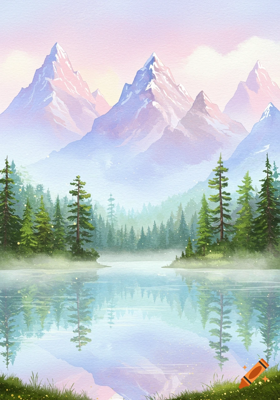 A serene watercolor fantasy landscape featuring snow-capped mountains, a dense green forest, and a calm lake reflecting the sky.