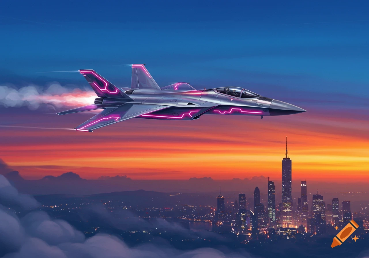 A futuristic silver fighter jet with glowing pink lines flies over a city skyline at sunset.