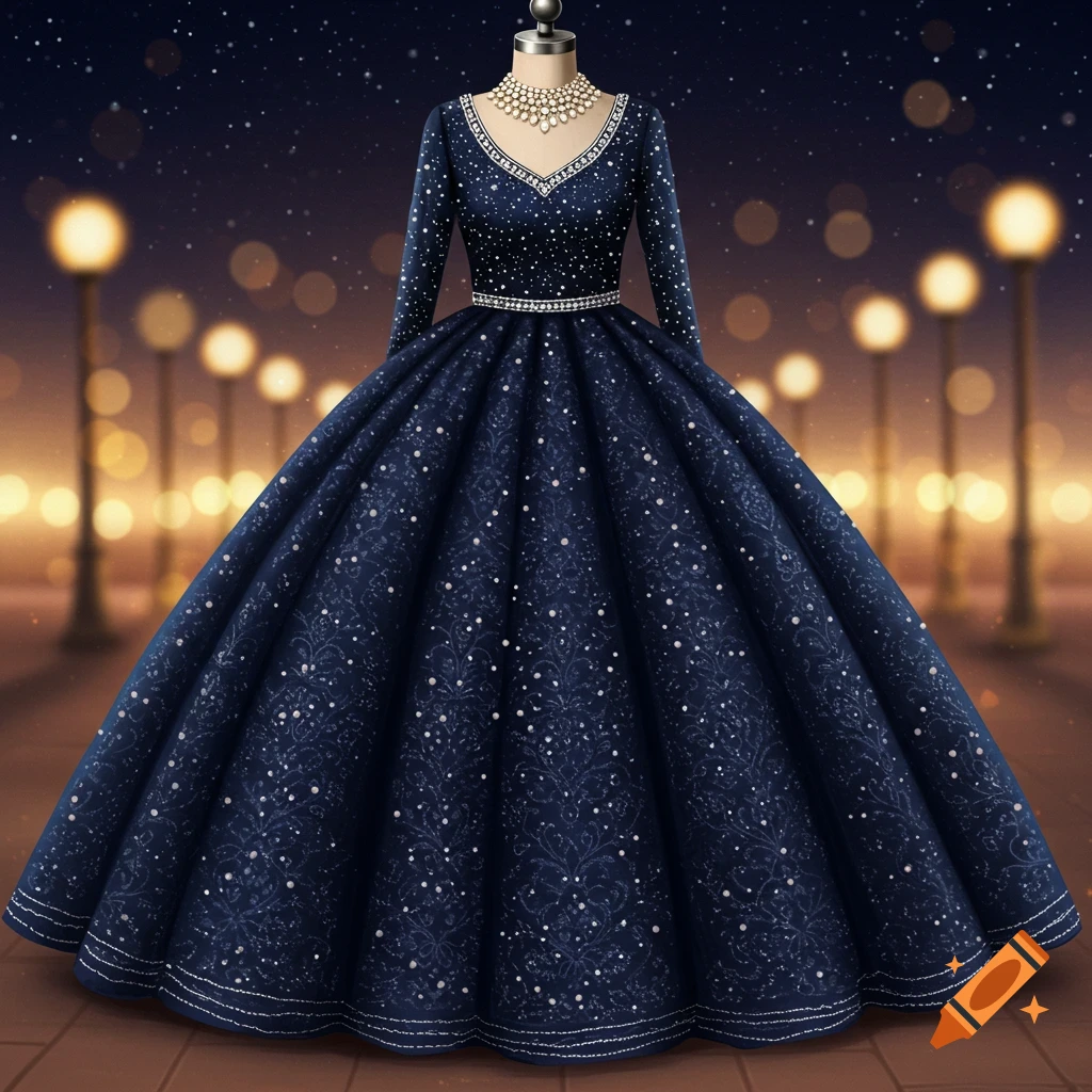 A navy blue heavily beaded ball gown with pearl-like stars on a mannequin against a blurred night background with streetlights.