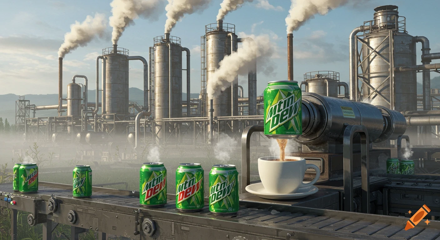 Mountain Dew cans on a factory conveyor belt, one pouring into a coffee cup, industrial refinery background with smoke.