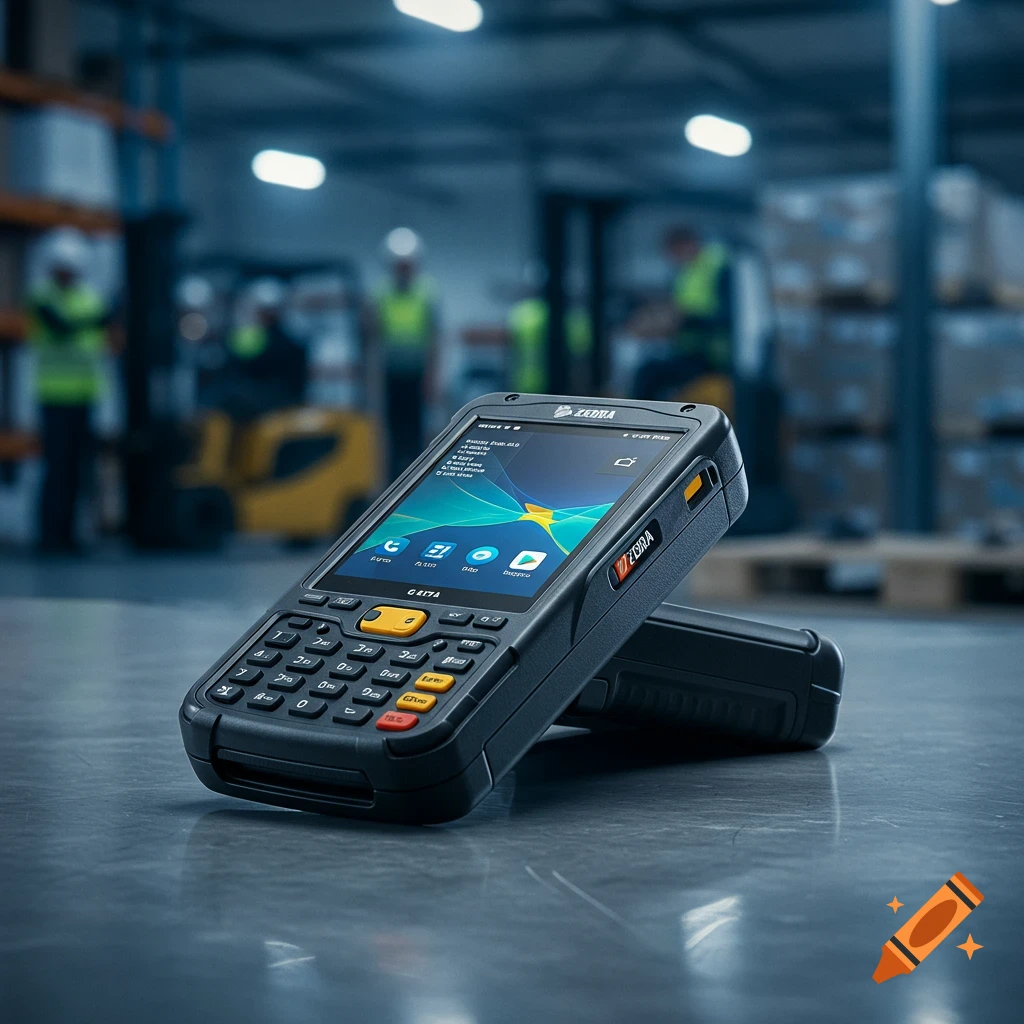Close-up of a rugged black handheld barcode scanner or mobile computer with a screen displaying apps, set on a dark surface in a warehouse.
