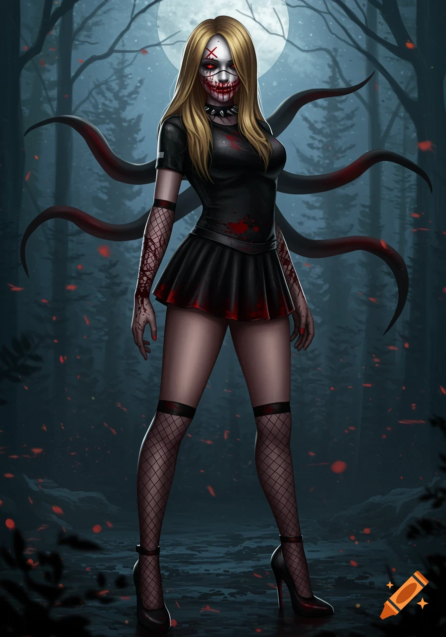 A creepy blonde woman with a white mask, bloody smile, red eyes, and tentacles emerges from a dark forest under a full moon, wearing a black skirt and fishnets.