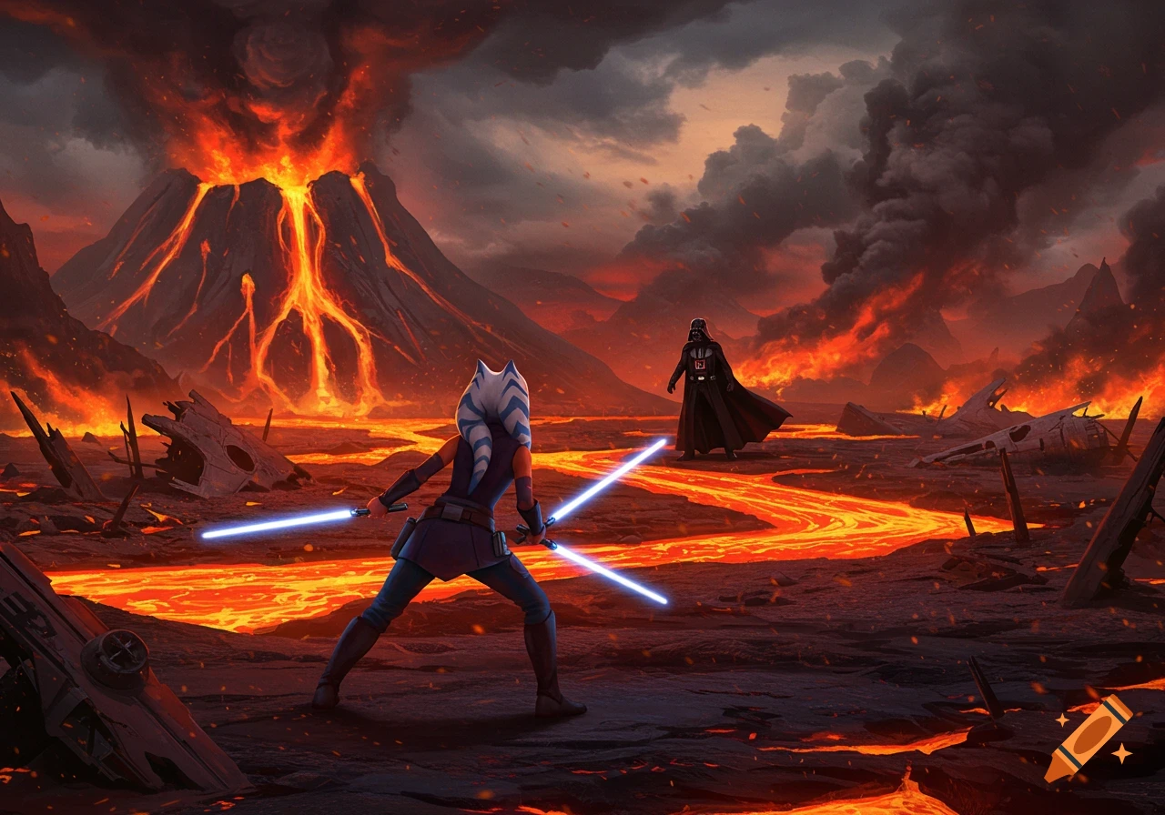 Ahsoka Tano battles Darth Vader with lightsabers on a volcanic planet with an erupting volcano and crashed ships.