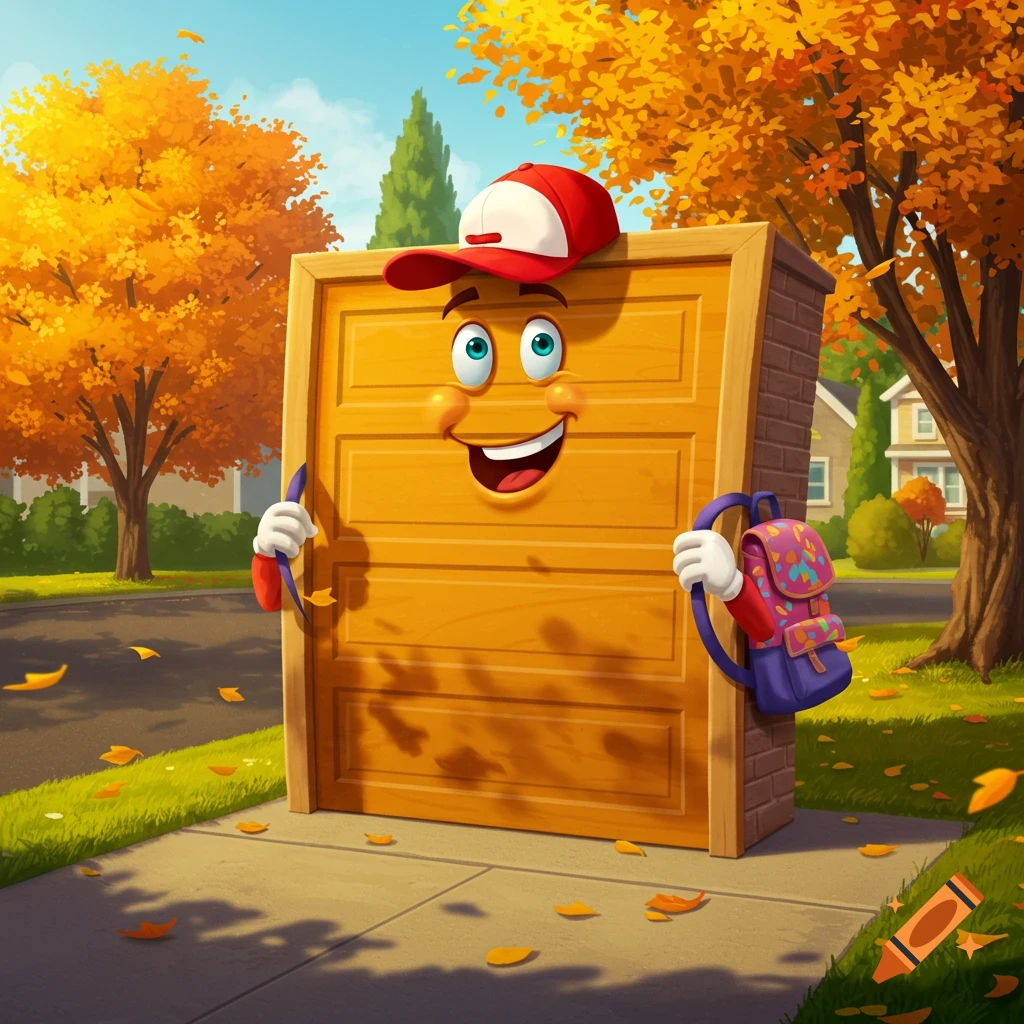 A smiling cartoon garage door with a face and a red cap, holding a backpack on a sidewalk in an autumn neighborhood.