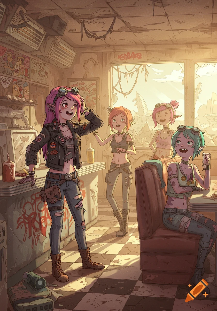 Four female raiders with pointed ears hanging out in a derelict diner, in Adventure Time style.