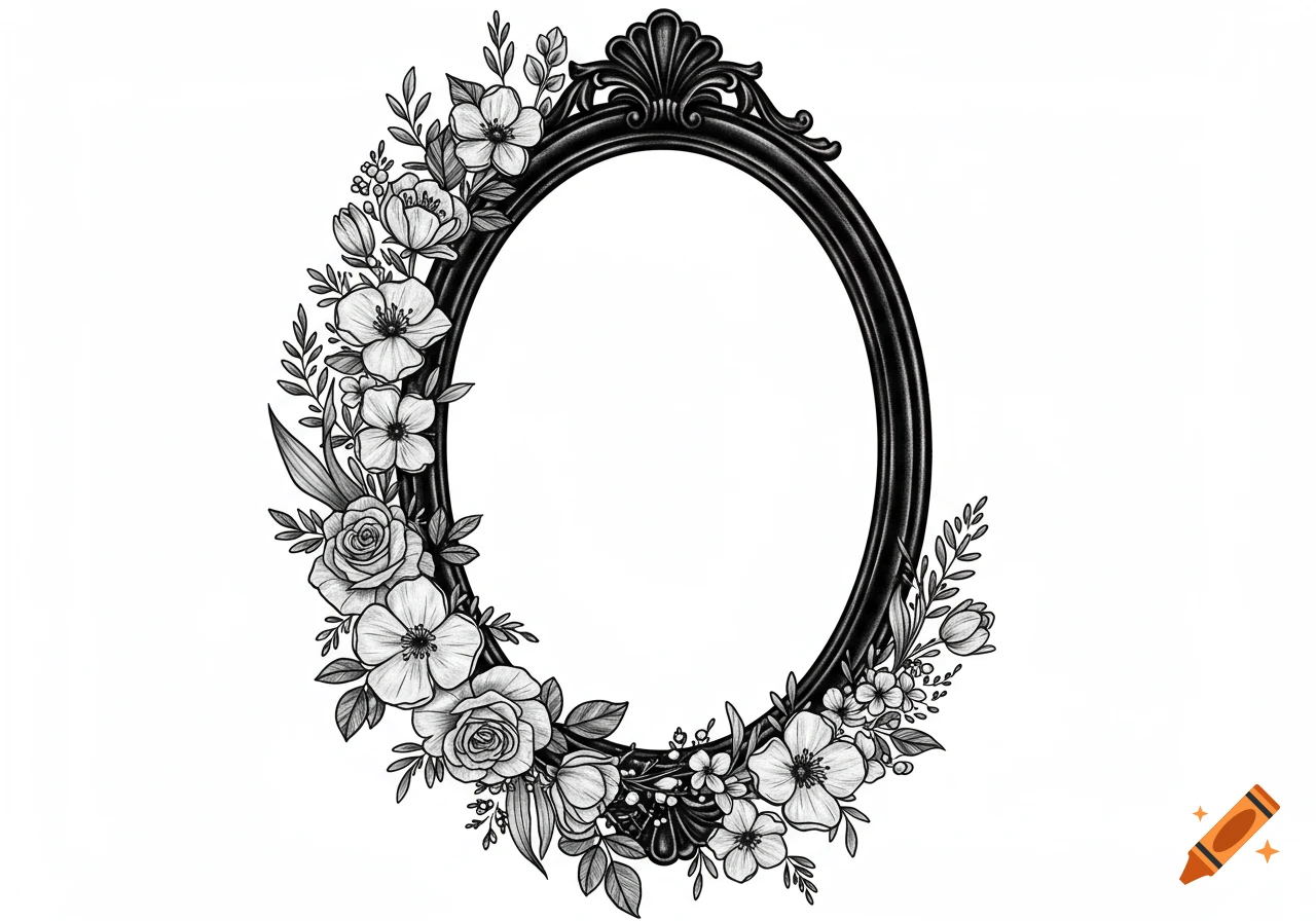 Black and white illustration of an ornate oval frame surrounded by roses, wildflowers, and leaves in a tattoo design style.