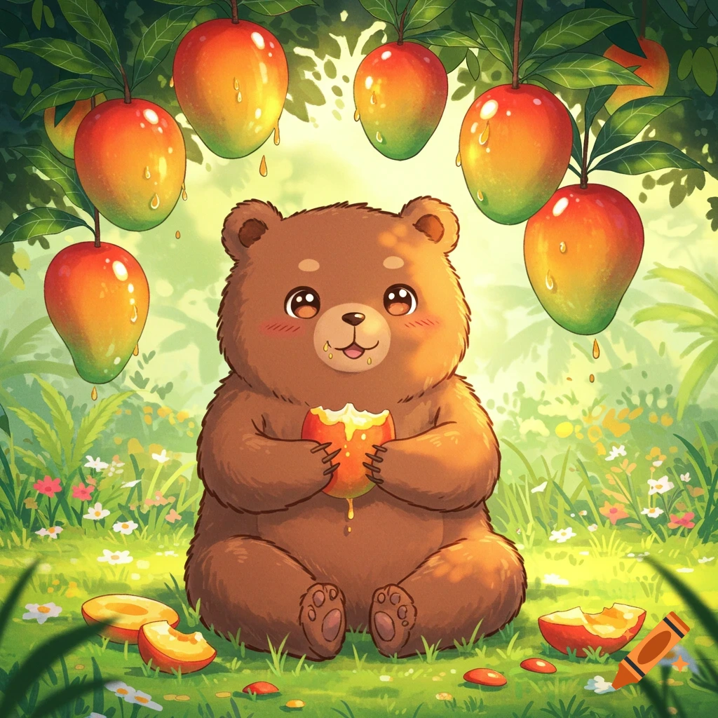 A cute anime bear sits in a grassy field under a mango tree, eating a mango.