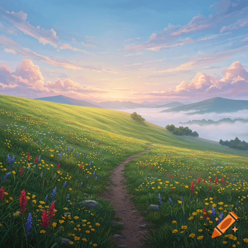 A winding dirt path through a vibrant green hillside covered in colorful wildflowers, with misty mountains in the background under a pastel sky.
