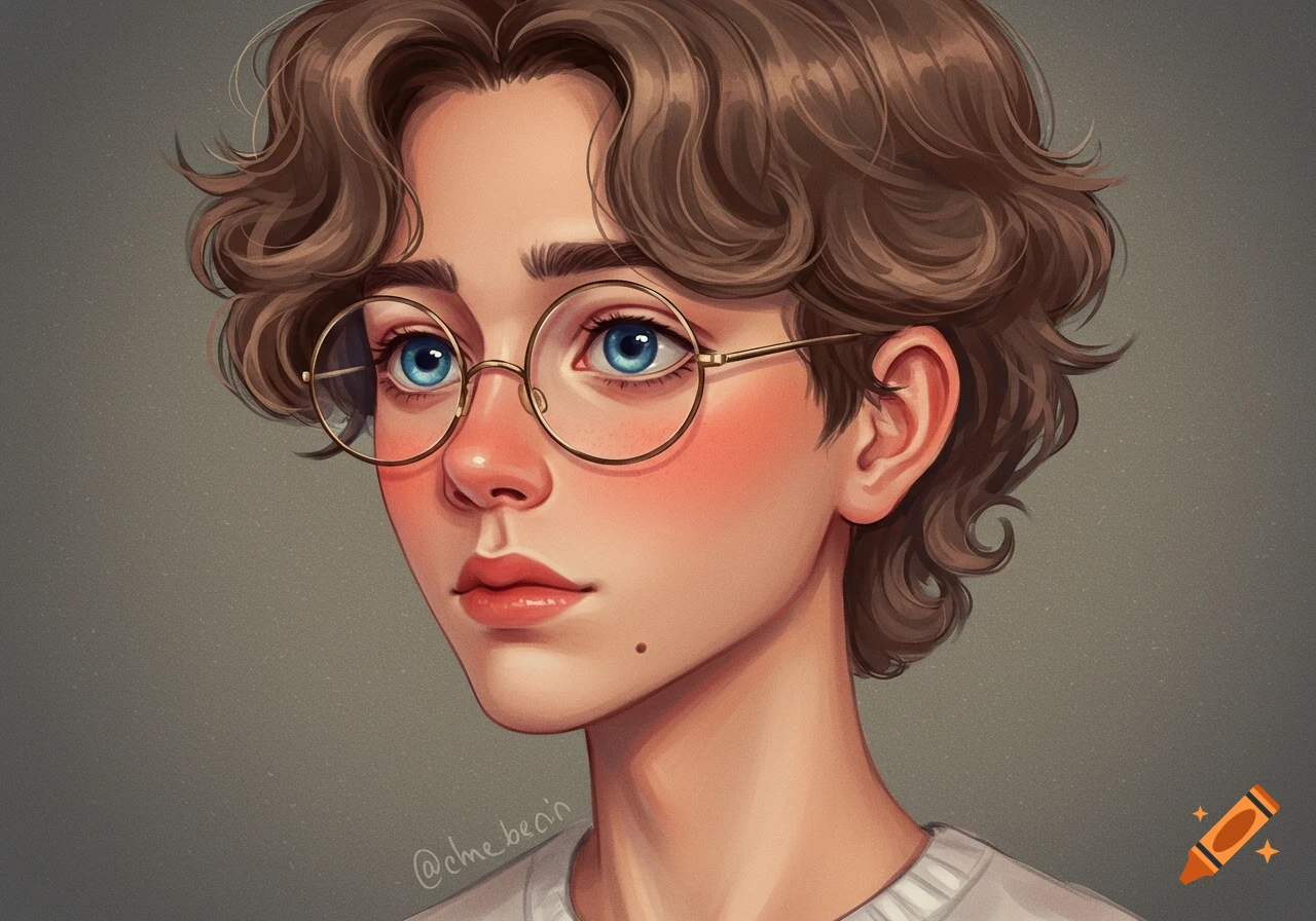 A stylized illustration of a young person with curly brown hair, blue eyes, and round glasses, looking timidly to the left.