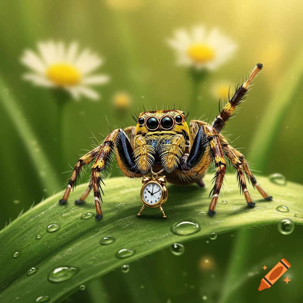 A photorealistic macro shot of a yellow and black jumping spider wearing a small golden alarm clock, standing on a green leaf with water droplets.