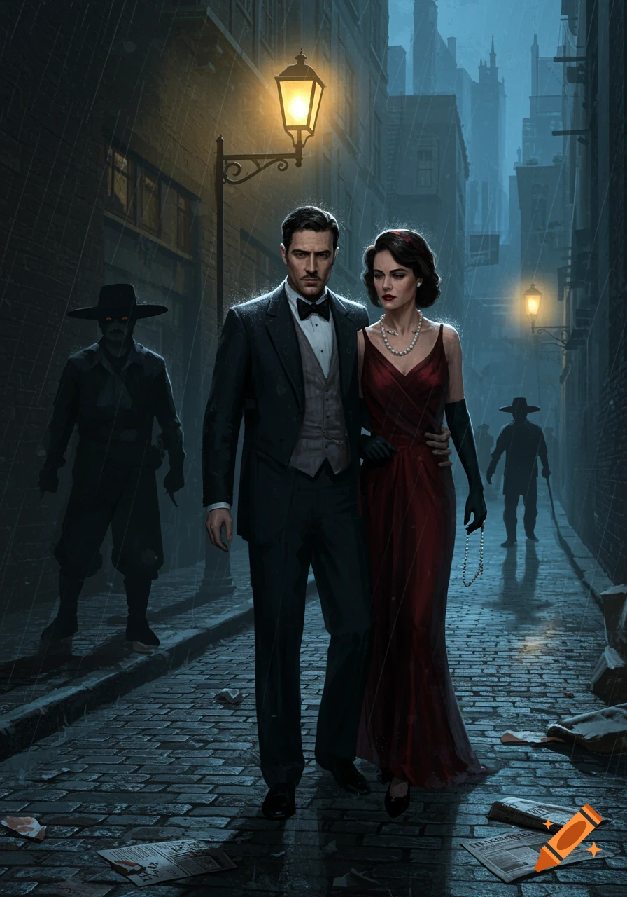 A man in a suit and a woman in a red dress walk arm-in-arm down a dark, rainy city alley lit by streetlights, with two shadowy figures in the background.