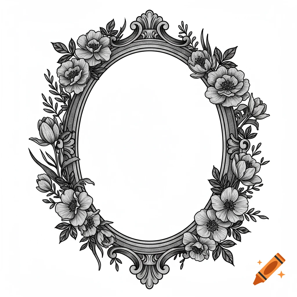 Black and white oval antique frame adorned with detailed floral illustrations of flowers and leaves.