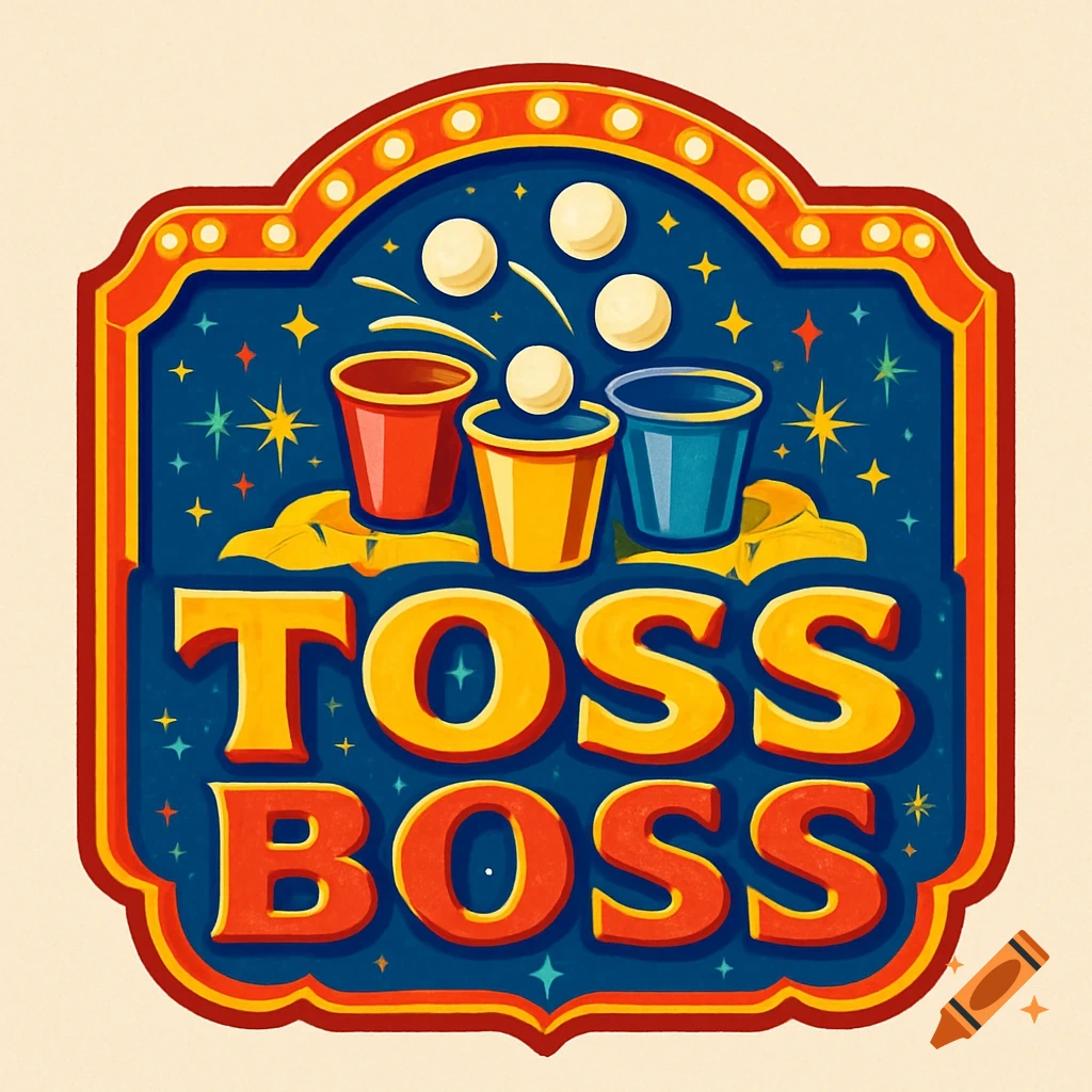 A colorful carnival game logo featuring three buckets, white balls, and the words "TOSS BOSS" in bold, retro lettering.