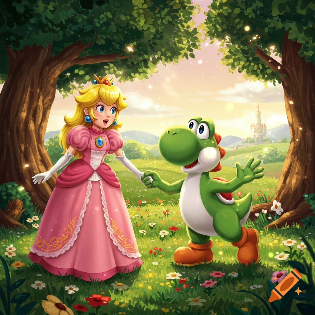 Princess Peach in a pink dress and Yoshi holding hands in a lush, flowery forest with a castle in the background, in a vibrant illustration style.