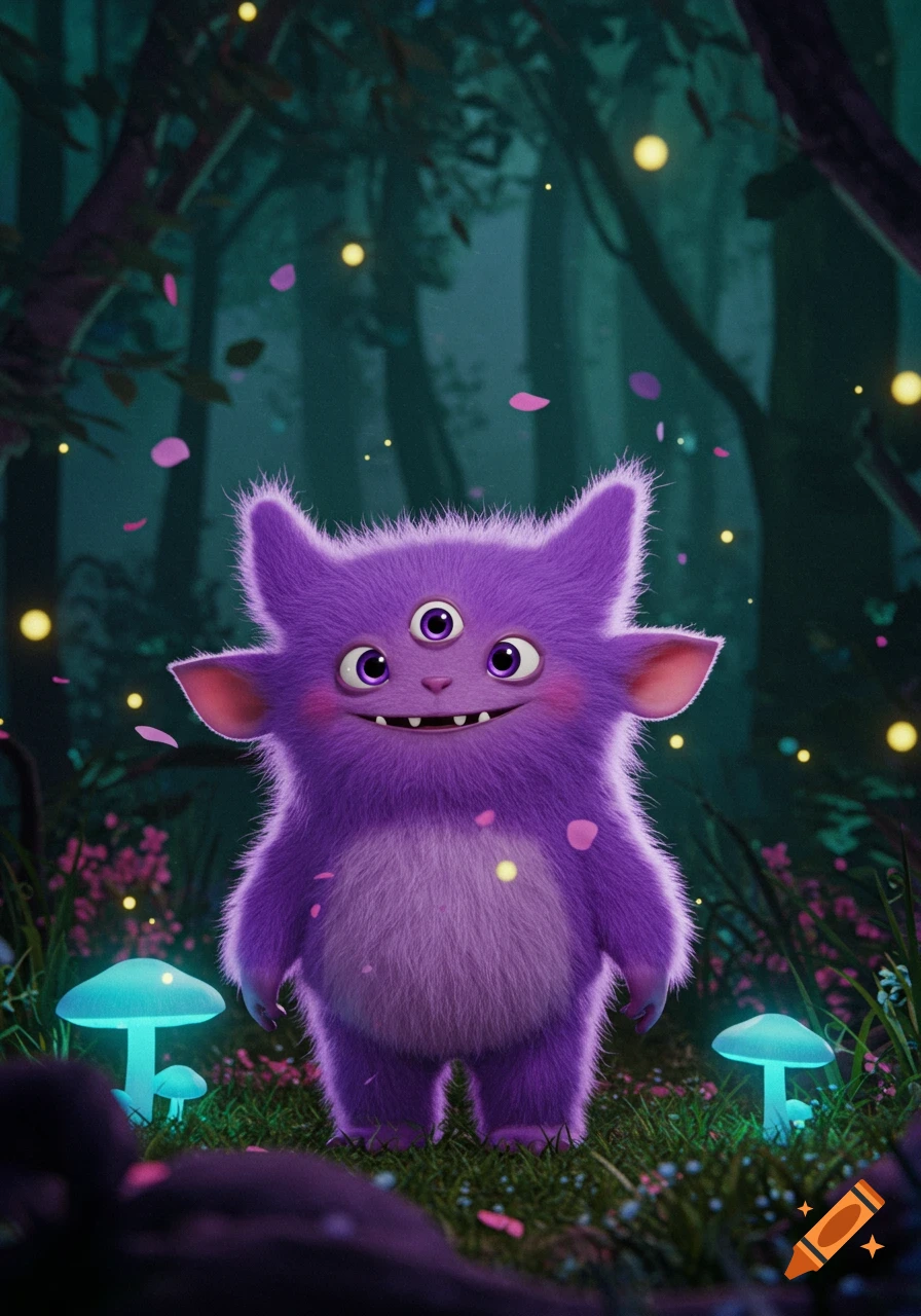 A cute, fluffy purple monster with three eyes and pink ears stands in a dark magical forest with glowing mushrooms and fireflies.