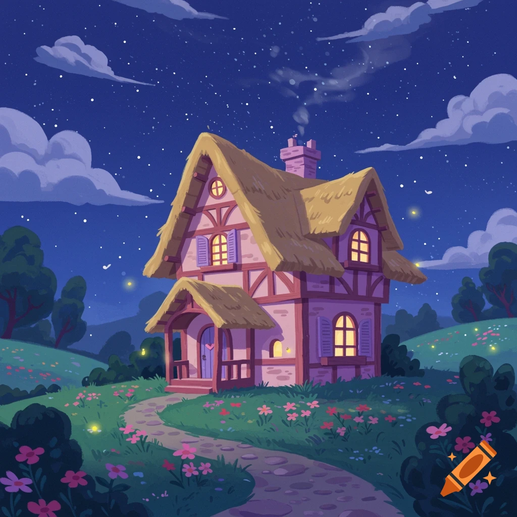 Whimsical cartoon house with thatched roof and purple shutters, glowing windows, in a flower-filled field under a starry night sky.