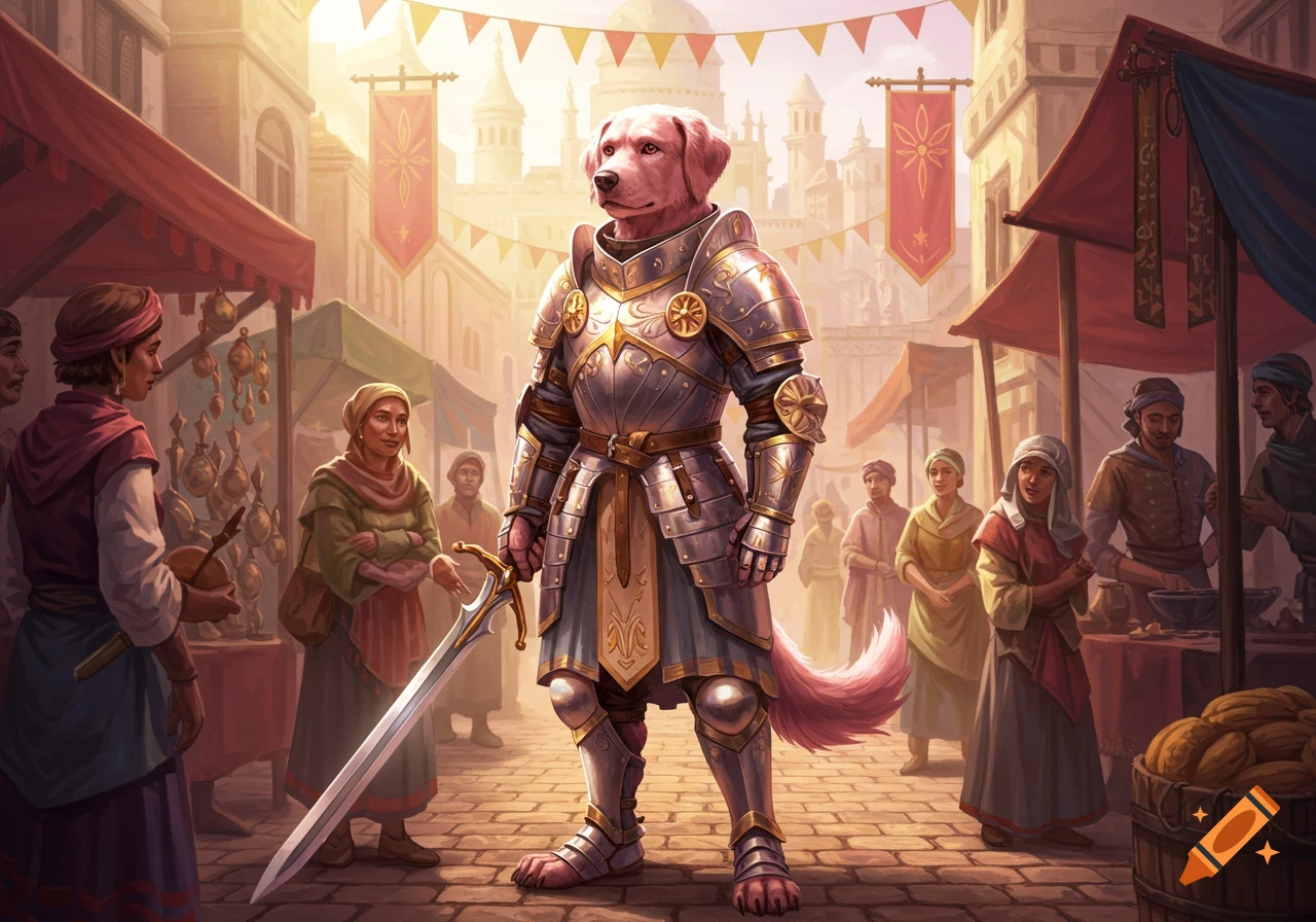 A dog-headed knight in silver and gold armor stands in a bustling medieval marketplace, holding a sword.