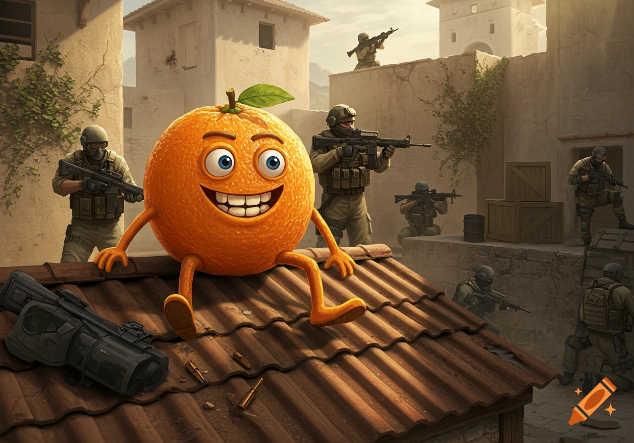 A smiling Annoying Orange character sits on a tiled roof in a dusty Counter-Strike-like town with soldiers holding rifles.