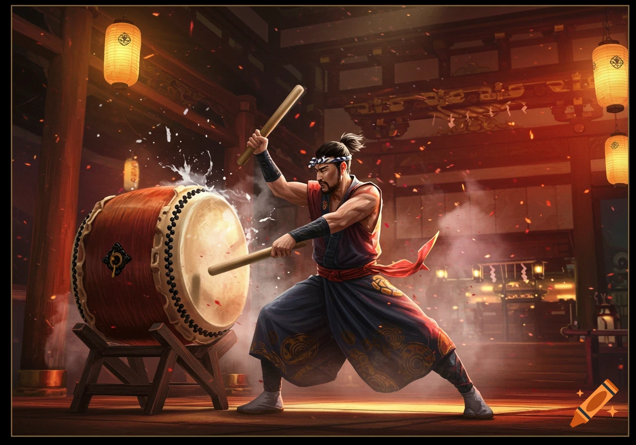 Muscular Japanese man in traditional attire intensely plays a large Taiko drum with sticks, surrounded by falling confetti in a temple setting.
