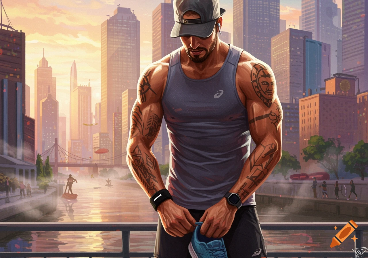 Muscular man in a grey tank top and cap with tattoos, tying his shoe by a city waterfront. Digital art.