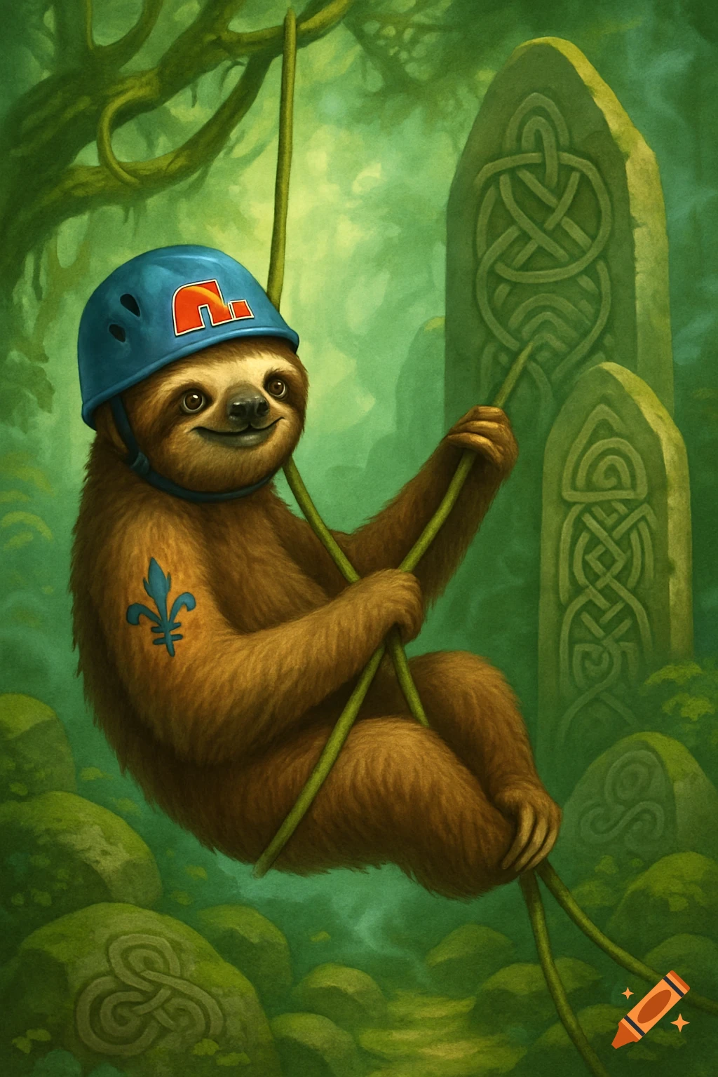 An illustrated sloth in a blue helmet with a Nordiques logo, and a Fleur de Lys tattoo, rappelling in a green forest with Celtic stones.