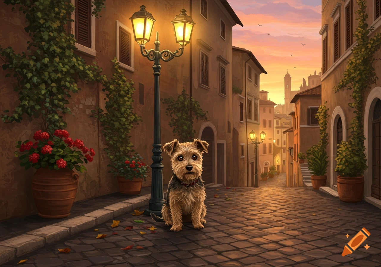 A small terrier dog sits on a cobblestone street under a glowing lamppost in a charming European city at sunset, in a painterly style.