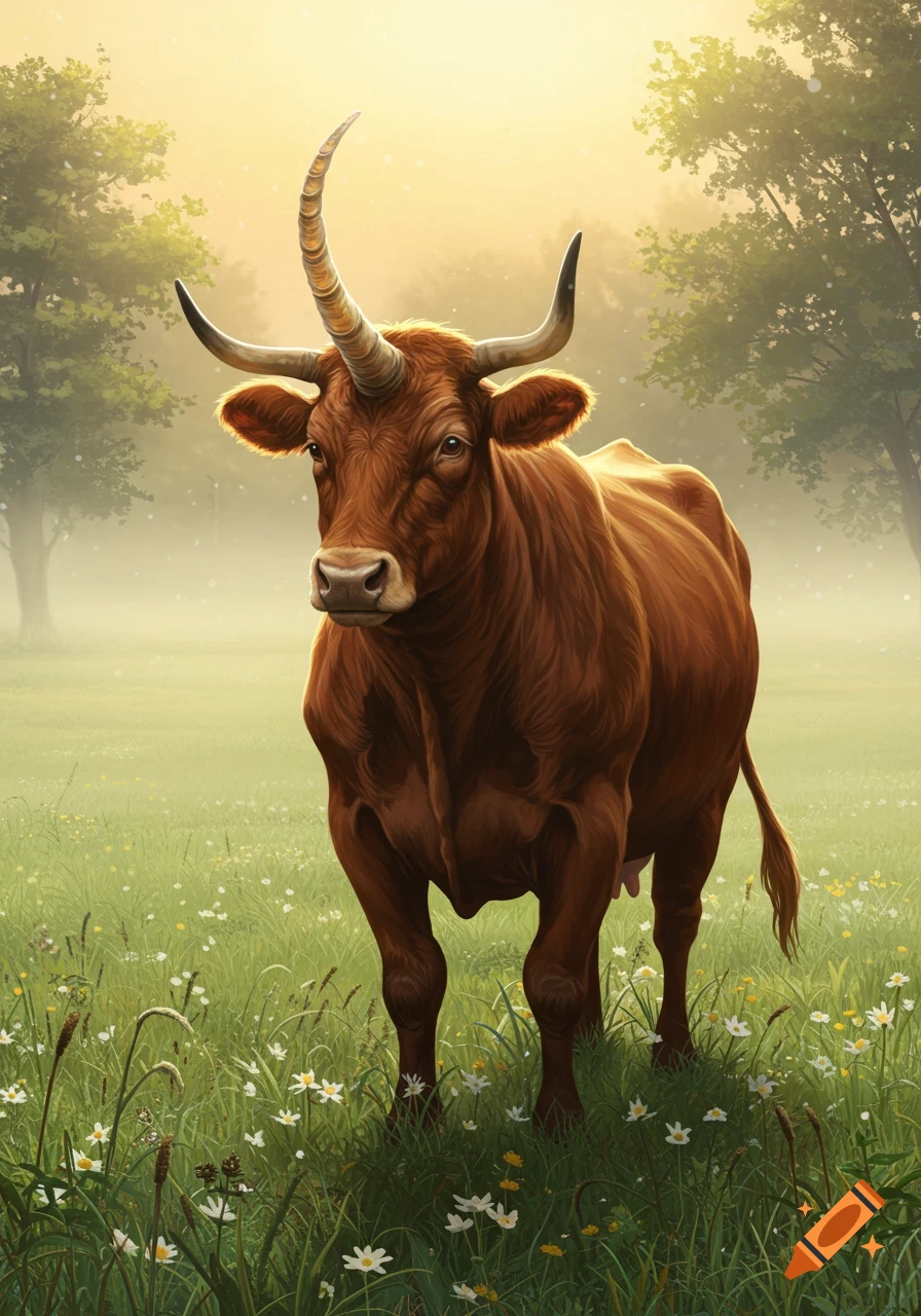 A brown cow-like creature with a large central horn and two regular horns stands in a grassy field with flowers and trees under a hazy, bright sky.