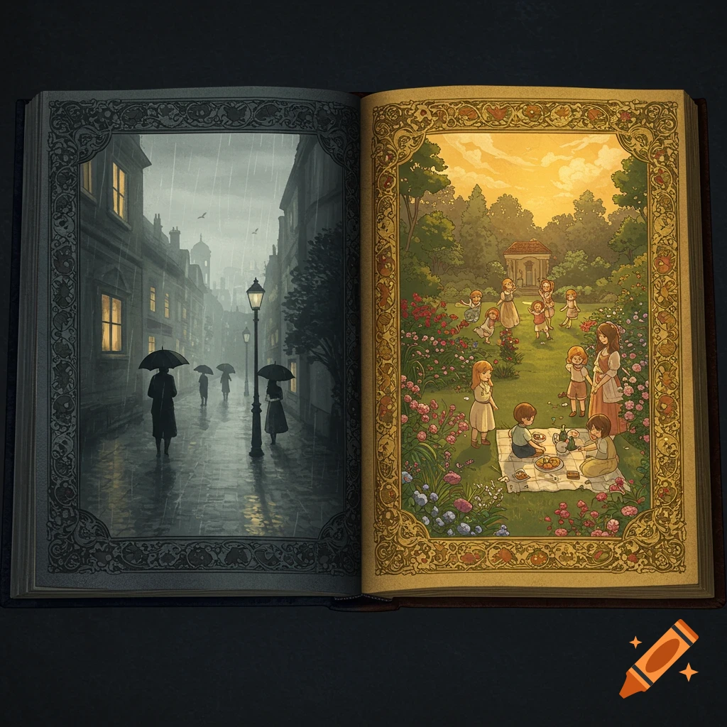 An open storybook displays two contrasting illustrations: a rainy city street with people under umbrellas on the left page, and a sunny park scene with children playing on the right page.