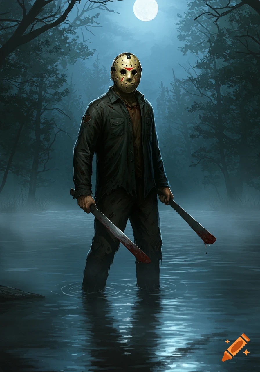 Illustrated image of Jason Voorhees standing in a dark, misty lake under a full moon, holding two bloody machetes.