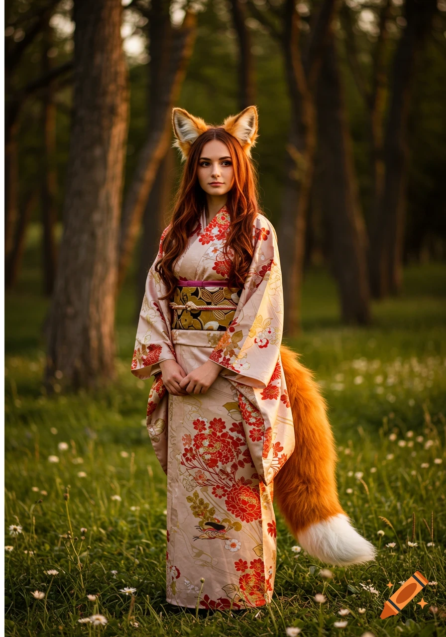Photorealistic portrait of a Kitsune girl with fox ears and tail, wearing a floral kimono, standing in a forest at sunset.