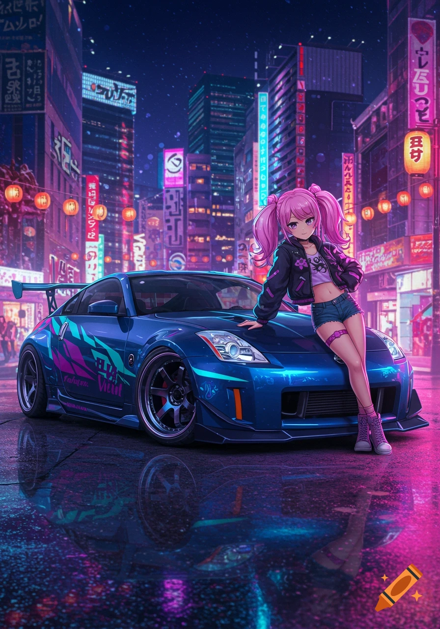An anime girl with pink pigtails leans on a blue custom Nissan 350Z sports car on a neon-lit city street at night.