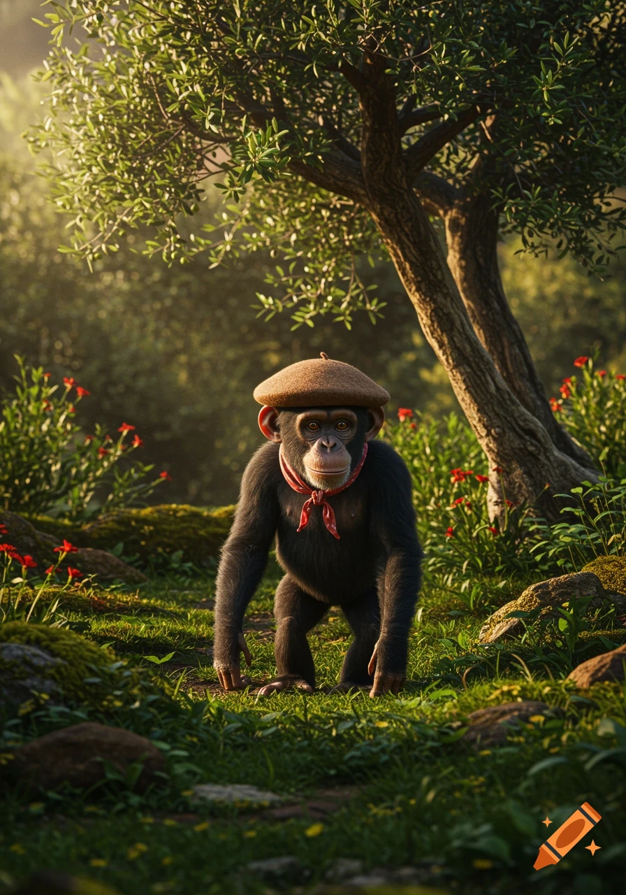 A photorealistic chimpanzee wearing a brown beret and a red bandana stands in a sunny, lush green forest.